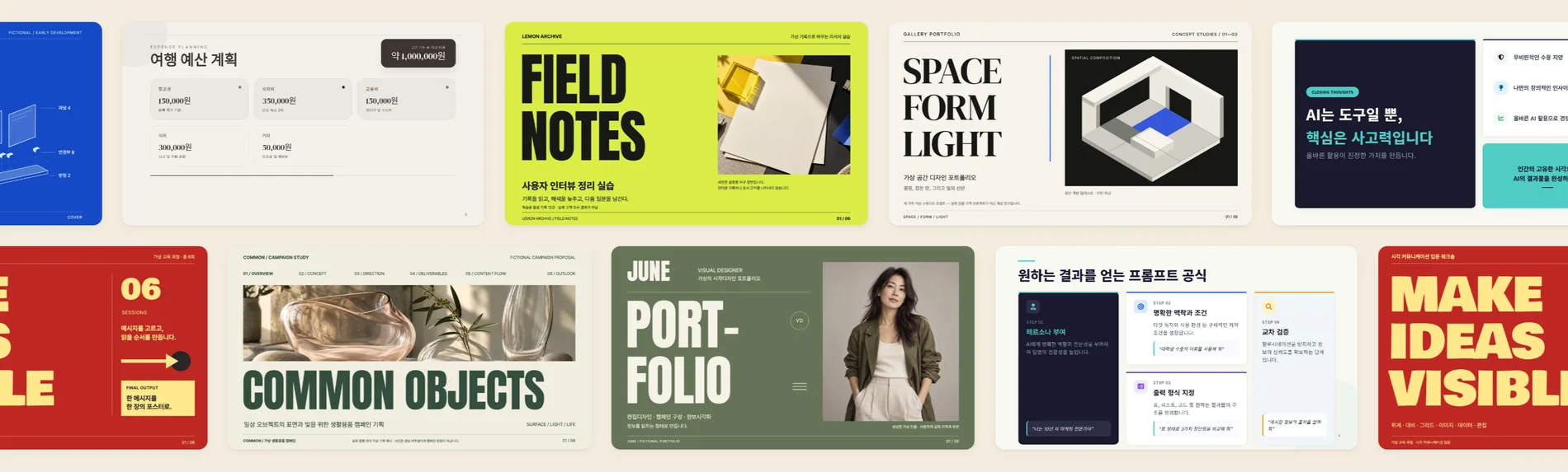 A row of slide decks in different styles: a travel budget, Field Notes, Space Form Light, Common Objects, a portfolio.